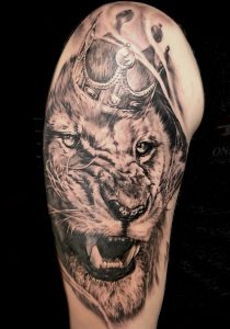 King lion tattoo , realism tattoo, crown tattoo
